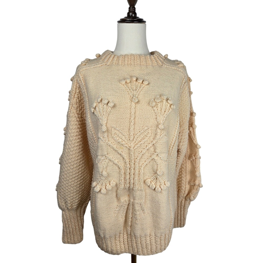VTG Judy Cuddy Sweater Cream Hand Knitted Ireland M Tivoli Aran Tree Of Life 3D